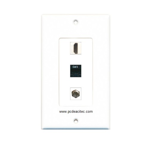 Placa Tapa Decora HDMI 4k + Jack RJ45 Cat5e + Antena Coaxial F en ABS