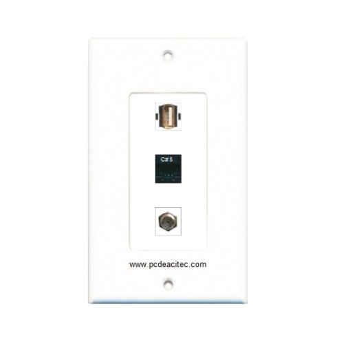 Placa Tapa Decora USB 2.0 + Jack RJ45 Cat5e + Antena Coaxial F en ABS