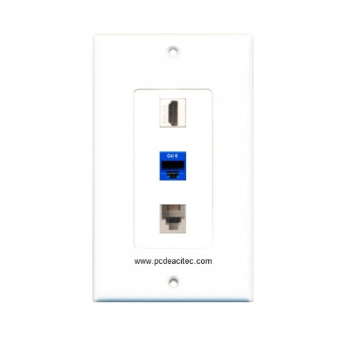 Placa Tapa Decora HDMI 4k + Jack RJ45 Cat6 + Jack Telefónico en ABS