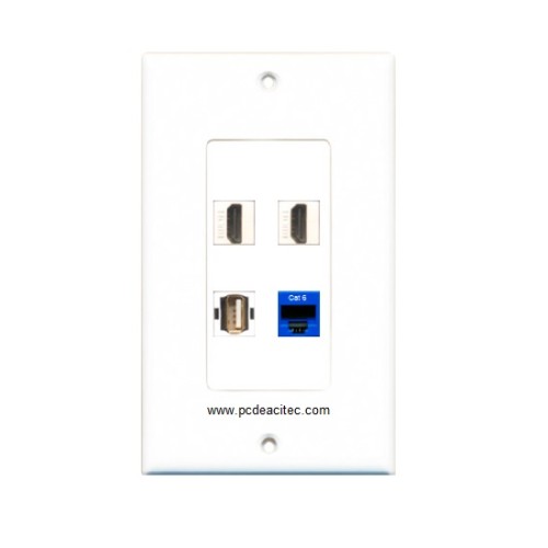 Placa Tapa Decora 2 HDMI 4k + USB 2.0 + Jack RJ45 Cat6 en ABS