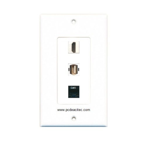 Placa Tapa Decora HDMI 4k + USB 2.0 + Jack RJ45 Cat5e en ABS