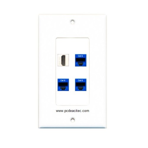 Placa Tapa Decora HDMI 4k pigtail + 3 Jack RJ45 Cat6 en ABS