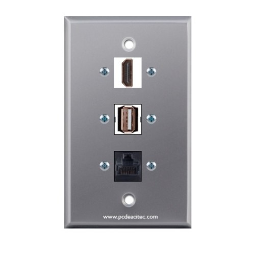 Placa Tapa HDMI 4k + USB 2.0 + Cople RJ45 Cat6 en Aluminio