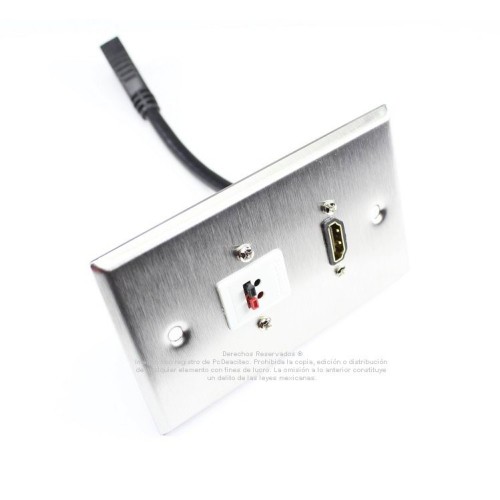 Placa Tapa HDMI 4k pigtail + Terminal bocinas con opresores en Acero Inoxidable