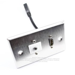Placa Tapa HDMI 4k pigtail + Audio Jack 3.5 mm en L a 90° en Acero Inoxidable