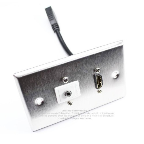 Placa Tapa HDMI 4k pigtail + Audio Jack 3.5 mm en L a 90° en Acero Inoxidable