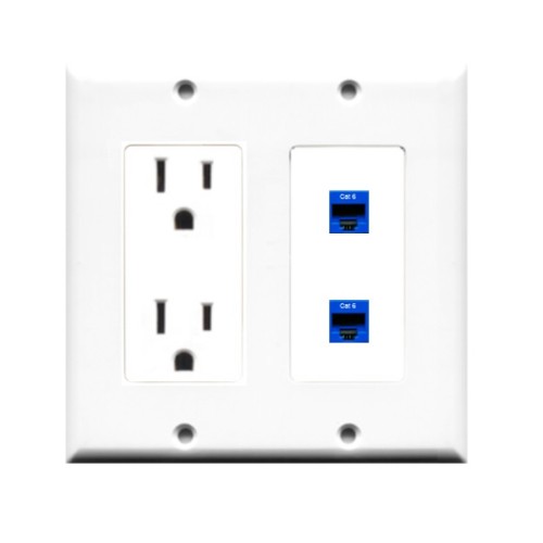 Placa Tapa Contacto Eléctrico Dual + 2 Jack RJ45 Cat6 Ponchable ABS
