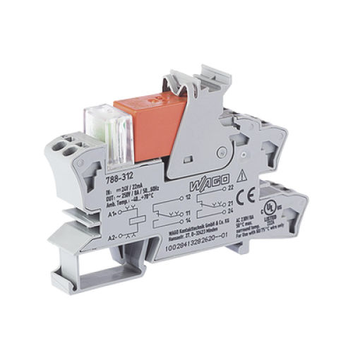 Módulo con Relé WAGO, 24 VCC, 2 Inversores, 8 A Corriente Límite, Push-in CAGE CLAMP, Indicador LED Rojo, Montaje Carril DIN-35, IP20