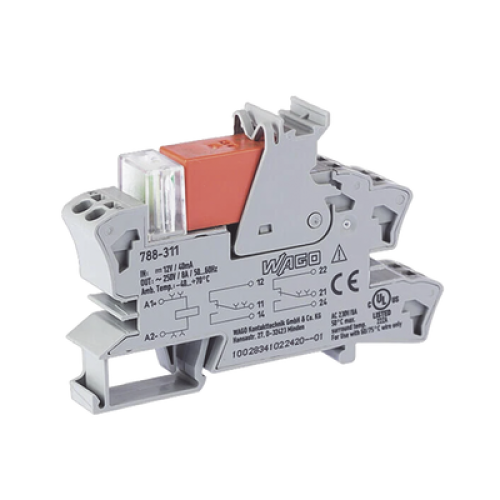 Módulo con Relé, 12V DC, 2 Inversores, 8A Corriente Límite, LED Rojo, Push-in CAGE CLAMP®, Montaje Carril DIN, Gris