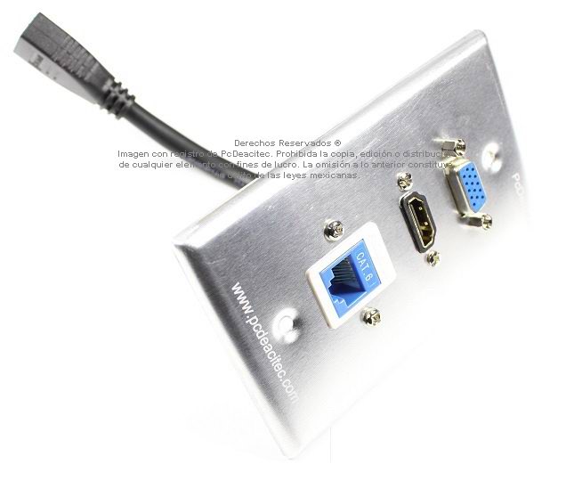 Placa Tapa Vga + HDMI 1.4 (4K+Ethernet 3D) pigtail + Jack RJ45 Cat6  ponchable Aluminio