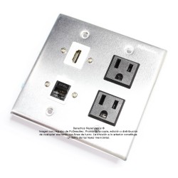 Placa Tapa HDMI 4k + Jack RJ45 Cat5e + 2 Contactos Eléctricos en Al