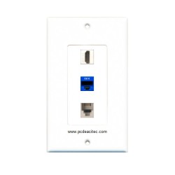 Placa Tapa Decora HDMI 4k + Jack RJ45 Cat6 + Jack Telefónico en ABS