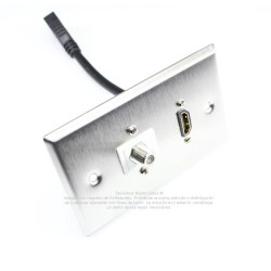 Placa Tapa HDMI 4k pigtail + Coaxial tipo F para antena en Acero Inoxidable