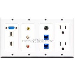 Placa Tapa Decora VGA + HDMI 4 k + 3 RCA + 2 Jack RJ45 Cat6 + Jack audio 3.5 mm +Contacto Eléctrico Dual en ABS
